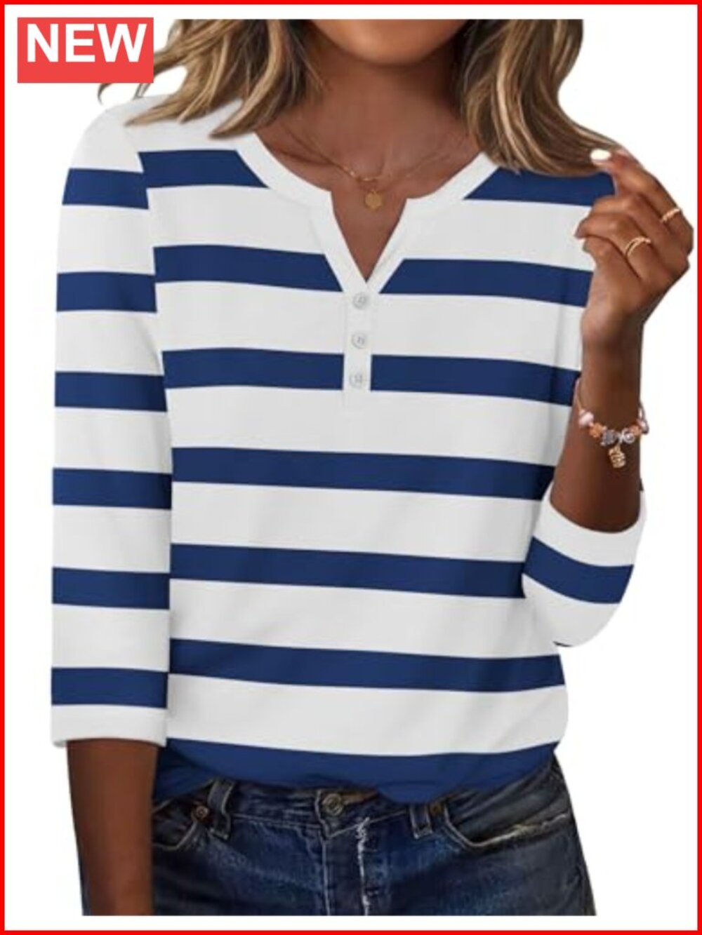 Womens Henley Neck Top 3/4 Sleeve Loose Fit Casual Work Blouse